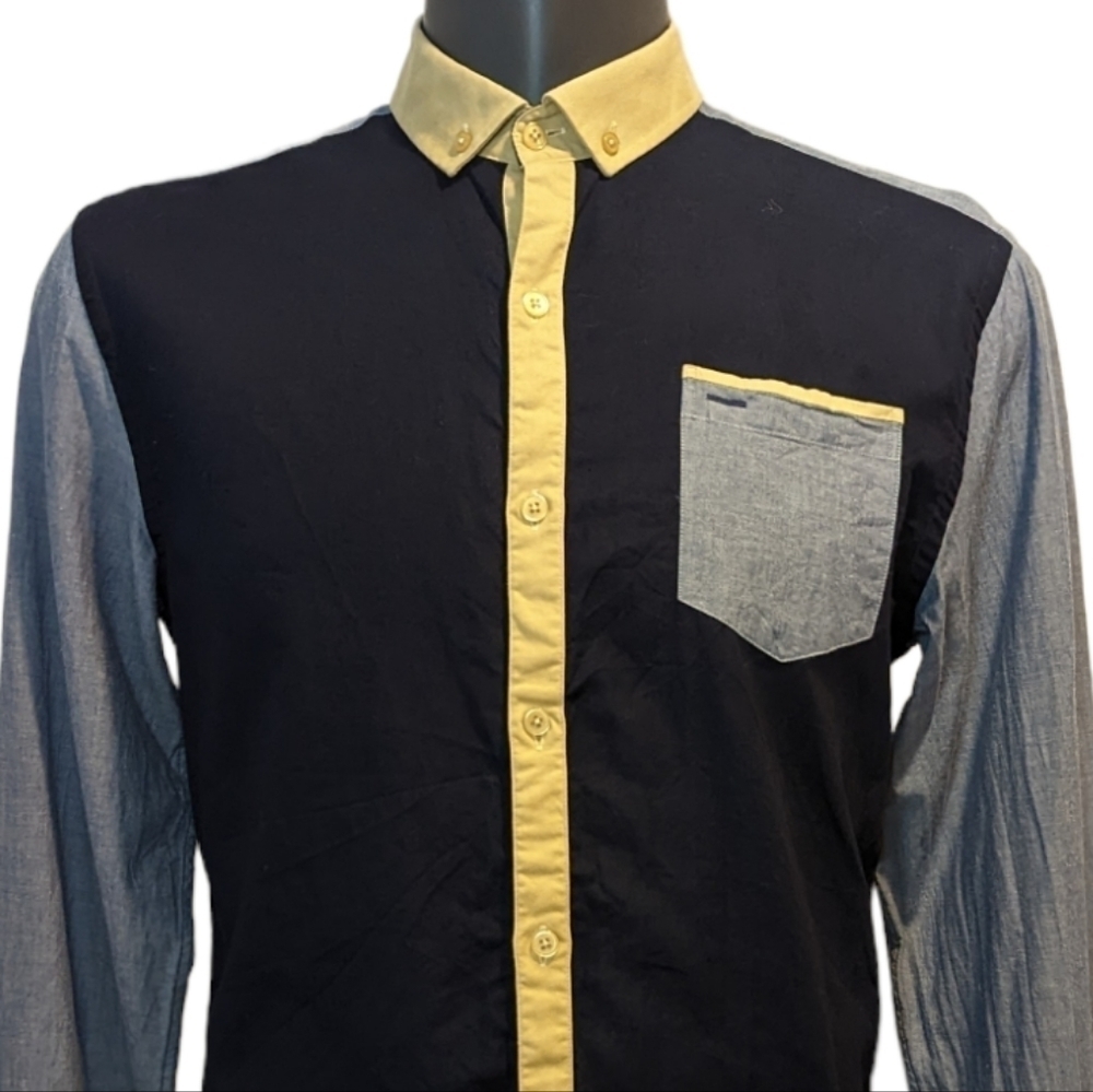 𝅺simons blue colour block button front shirt medium